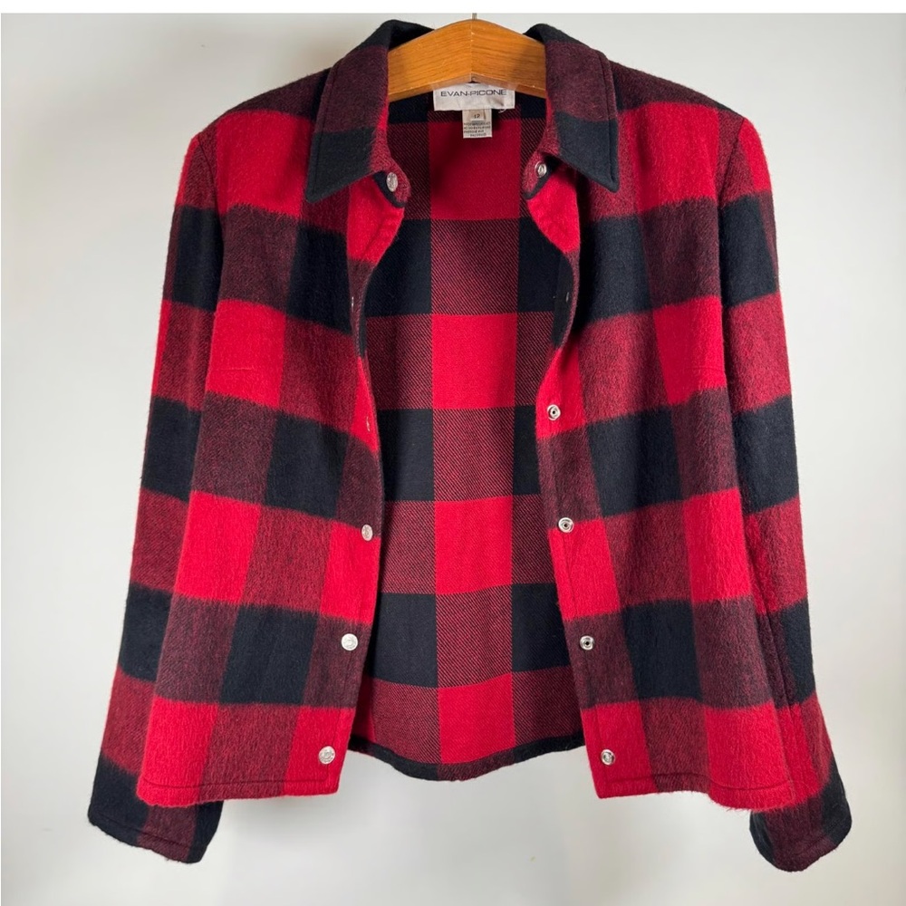vtg 80s Evan Picone Red Black Buffalo Plaid Snap Shirt Jacket Shacket 10 12 14